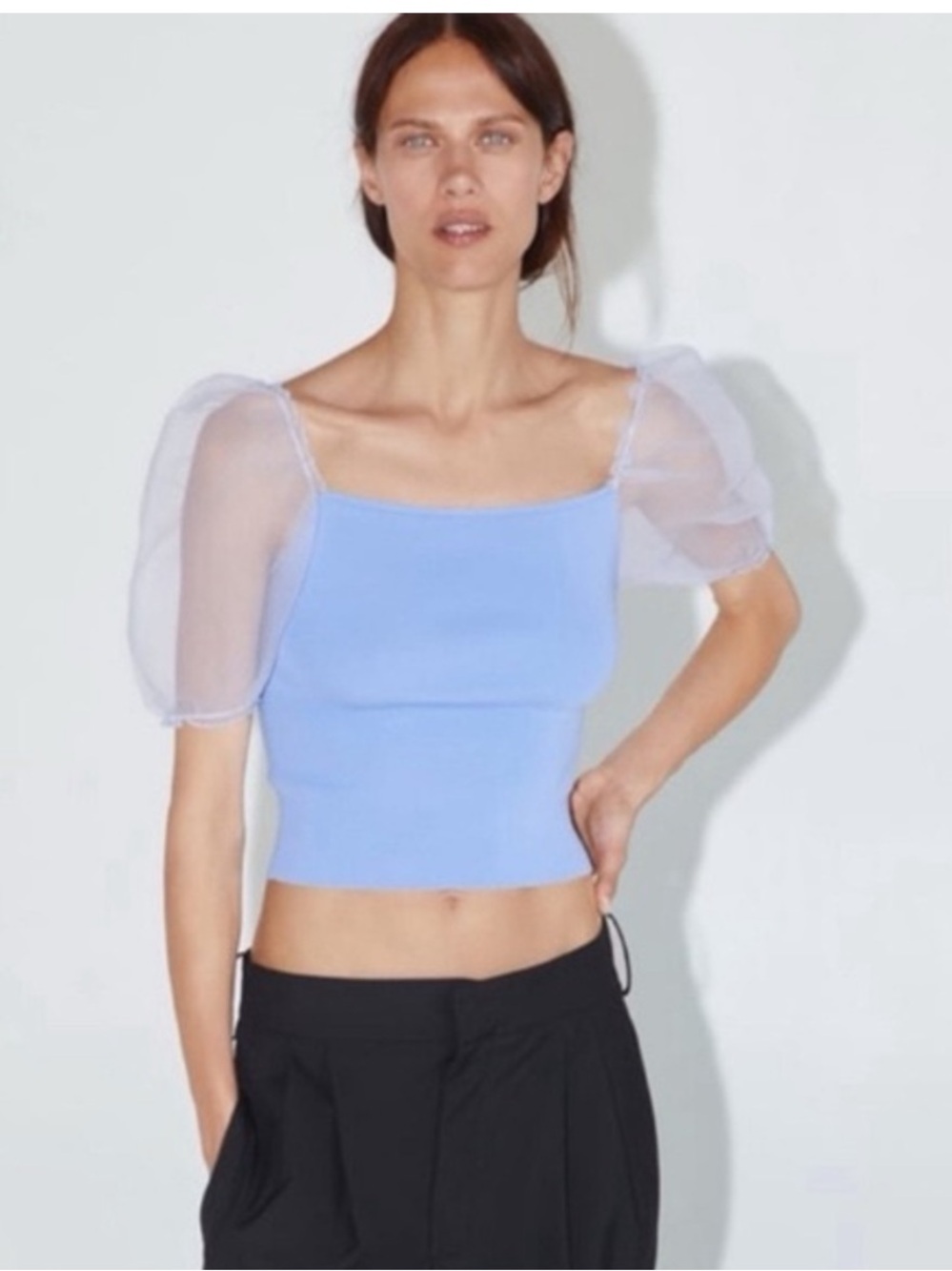 Zara Light Blue Puff-Sleeve Square Neck Top